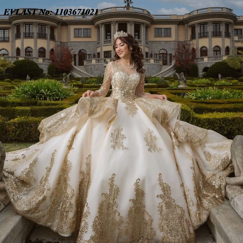 EVLAST-Vestido De Baile De Marfim Com Renda De Ouro, Pérolas Frisadas Com Applique, Vestido Quinnceanera Marfim Glitter, Doce Mexicano 16, SQ485, 15 Anos