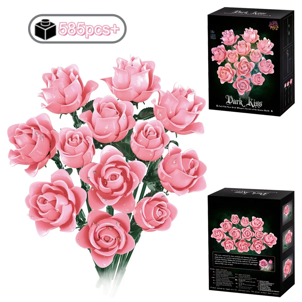 

585PCS Pink Rose Bouquet Building Blocks Set Creative Ornament Romantic DIY tabletop decoration Valentine Gift For Women