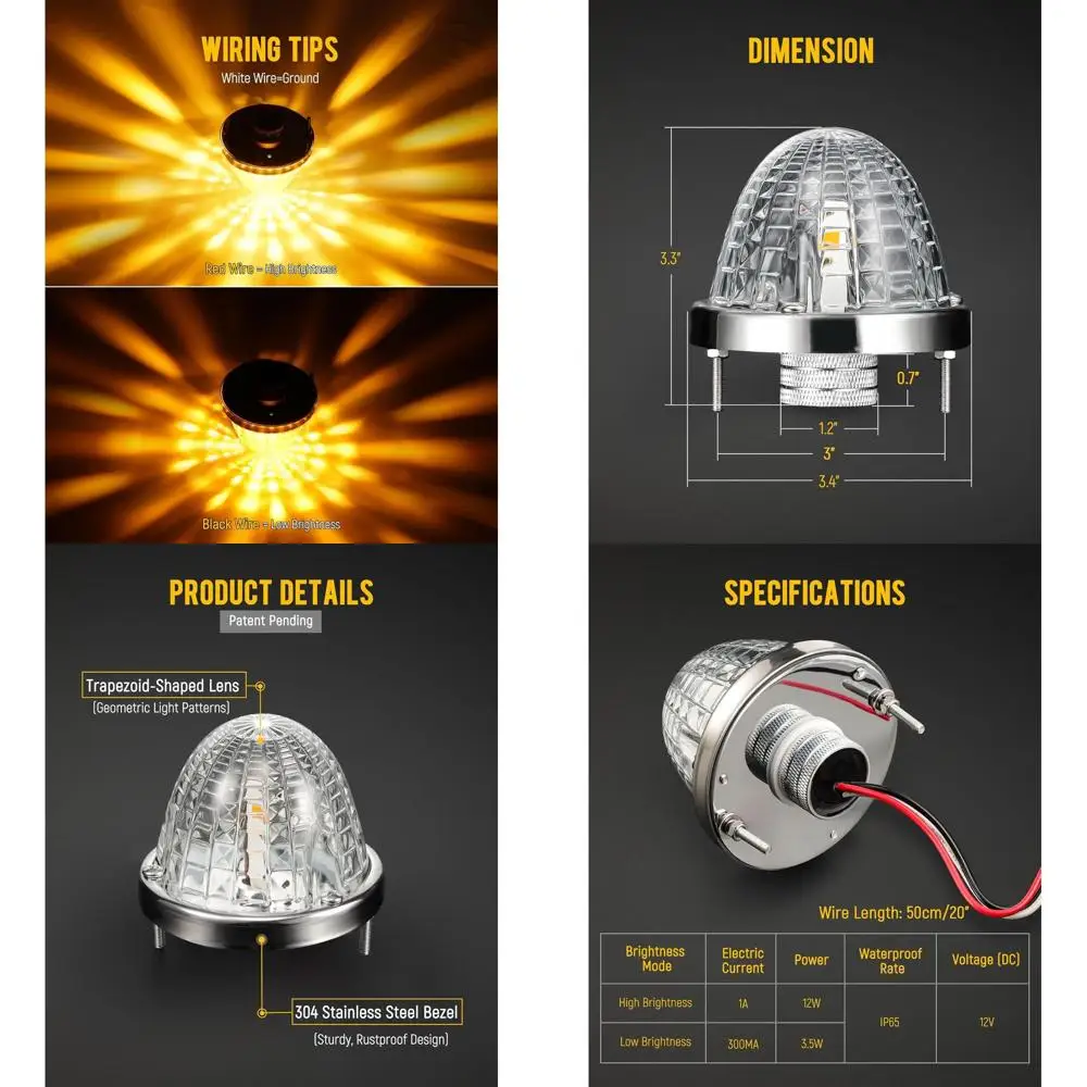 2Pcs Glass Watermelon Lights Trapezoid-Shaped Lens Amber LED Side Marker Turn Signal Lamp with Stainless Steel Bezel Replacement