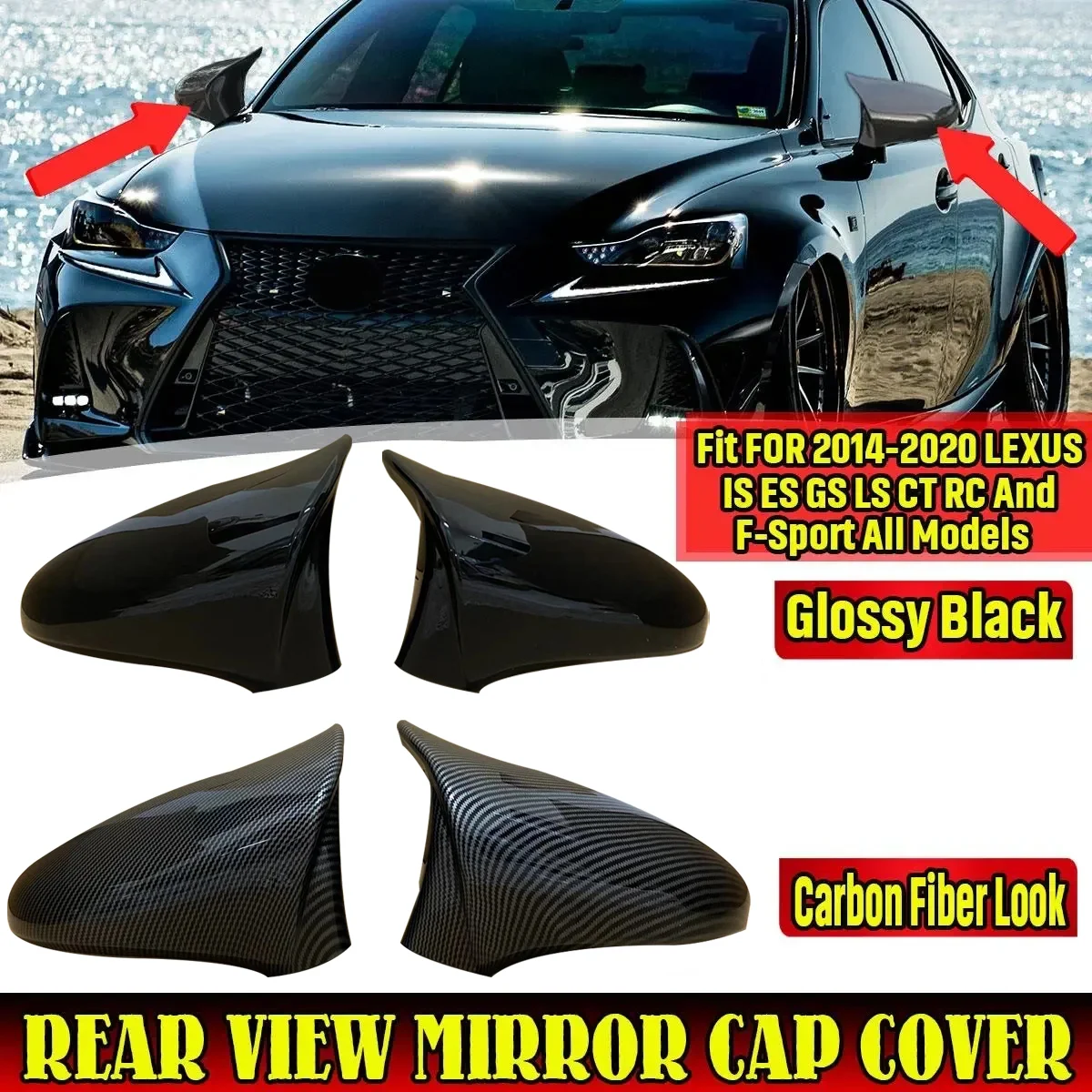 Car Side Rearview Mirror Cover Caps For Lexus IS ES GS LS CT RC F-Sport IS200 IS250 IS300 IS350 2014-2020 Add on Mirror Covers