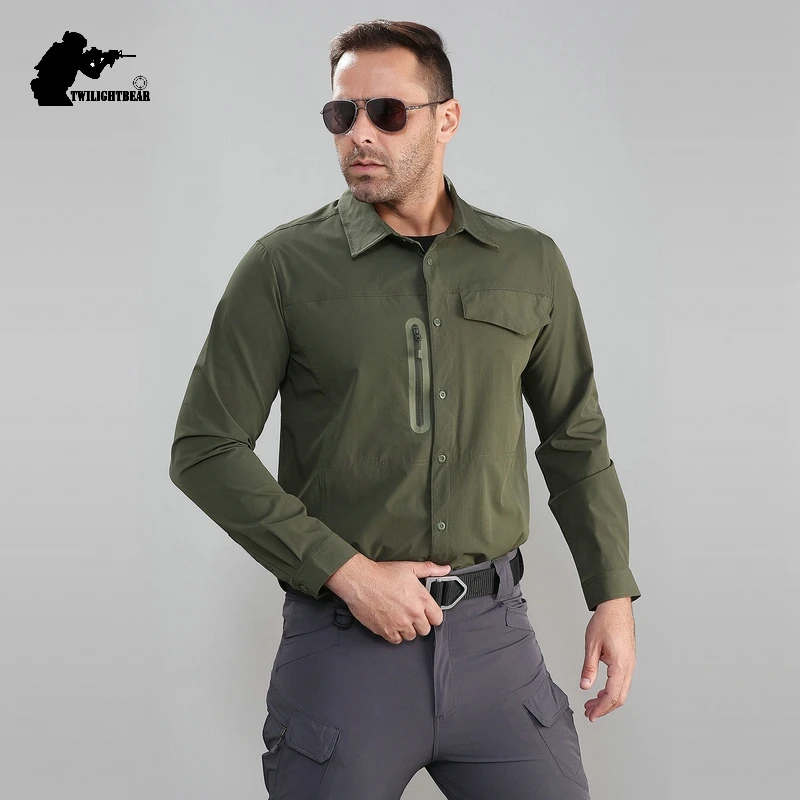 Stretch Men\'s Shirt Multiple Pockets Quick Drying Shirts High Quality Male Elastic Tooling Shirt Men Clothing Casual Shirts AF54