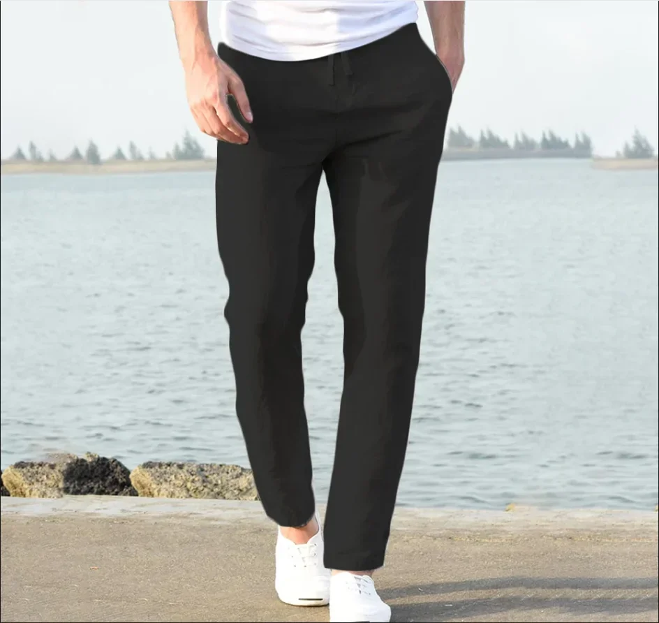 Men's Beach Cotton Linen Pants Male Spring Summer Autumn Breathable Solid Color Vacation Trousers Fitness Streetwear Clothing