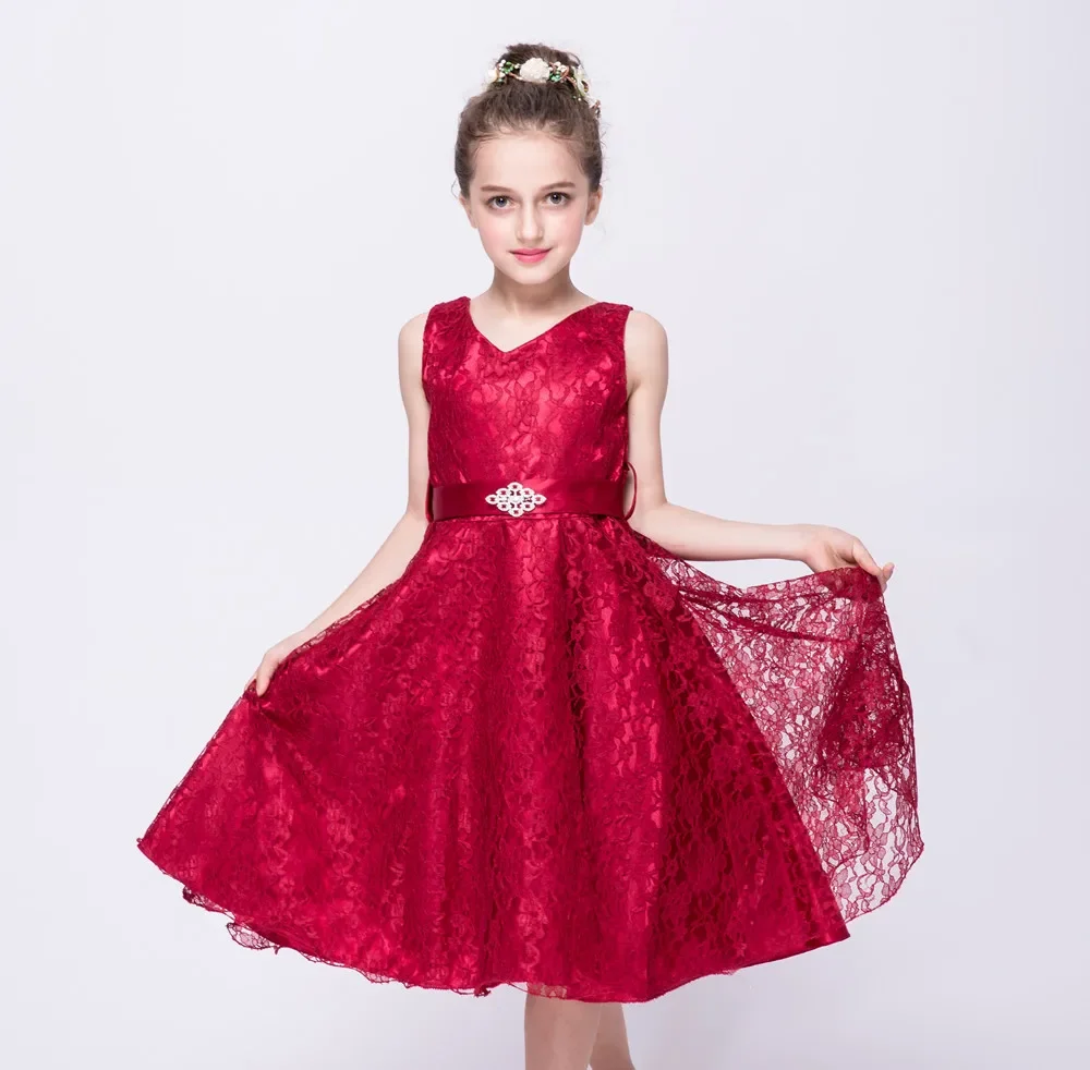 Girls Princess Dress Sleeveless with Rhinestone Sash Children Lace Party Dress Kids Wedding Birthday Ball Gown Gift