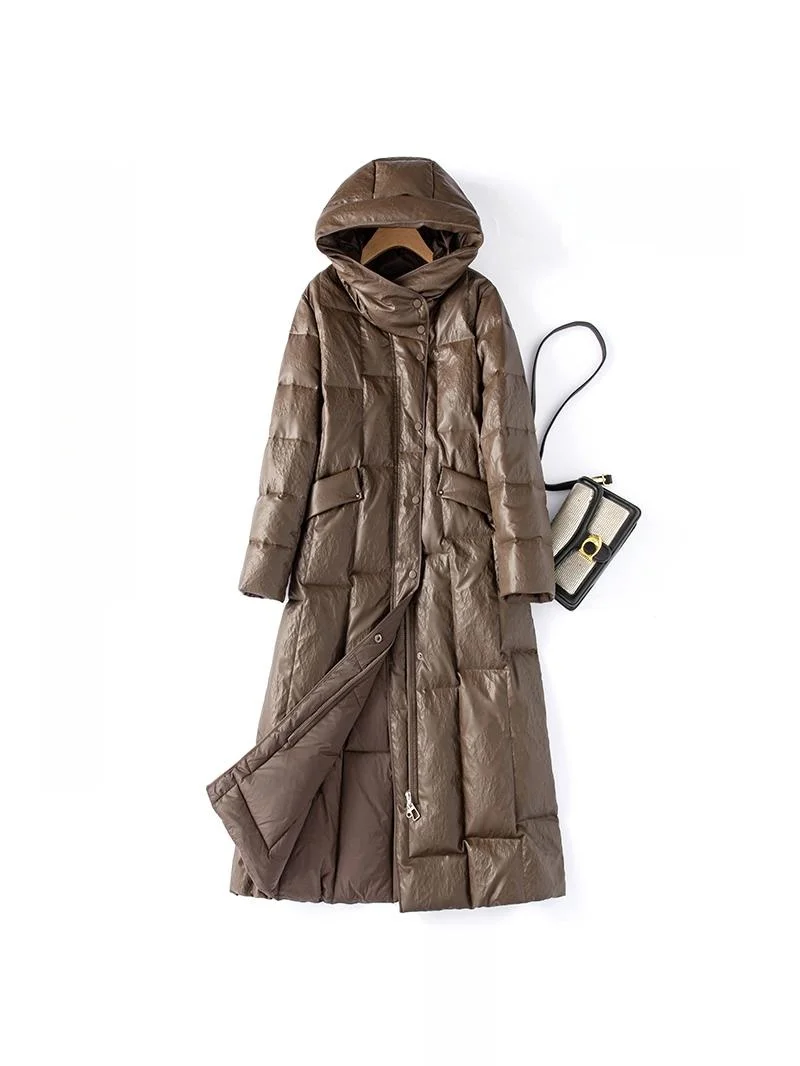 Winter 2025 Women's Leather down Jaet Hooded Thiened Large Size Coat Medium Length Loose Fit Fur Outerwear eepskin