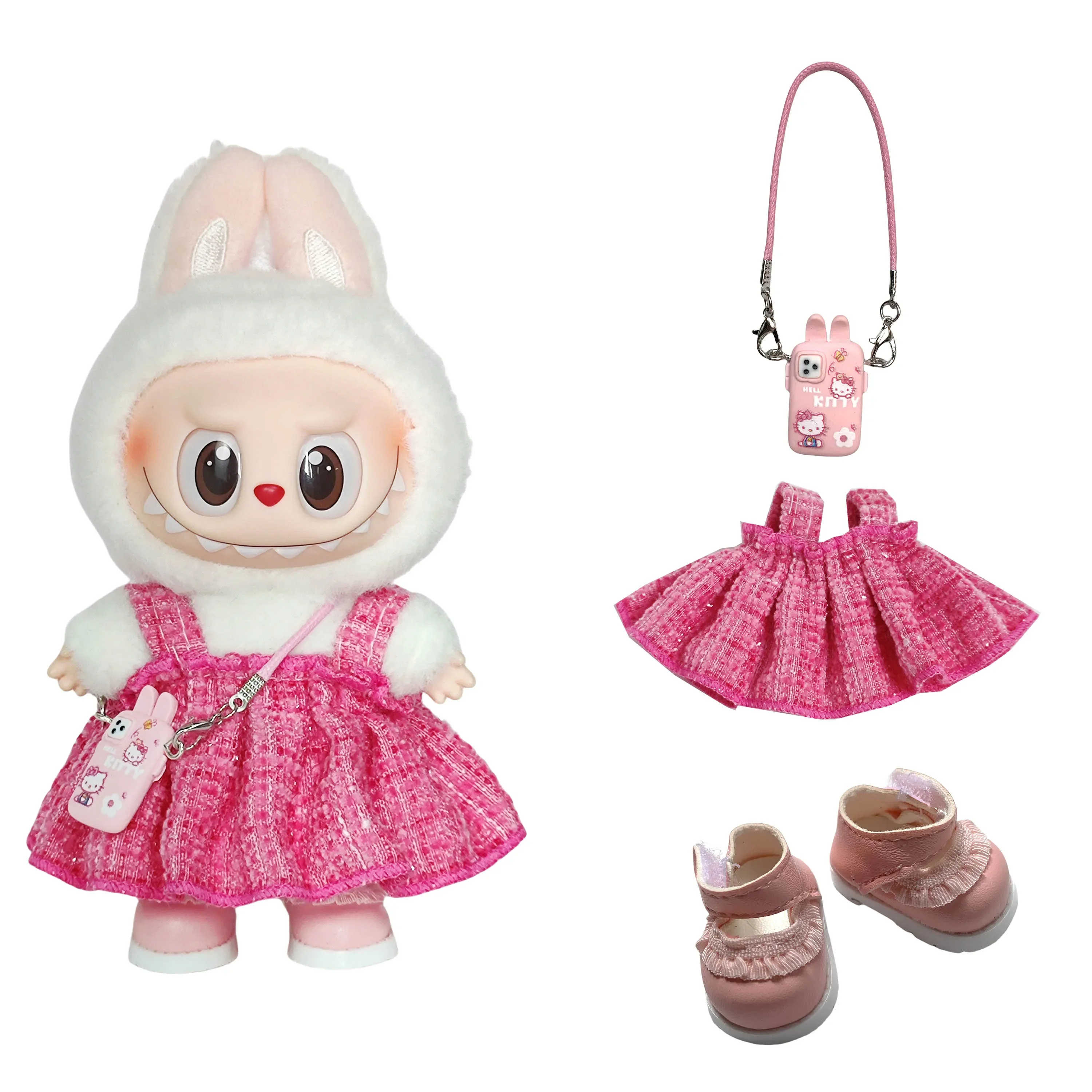 

15-17cm 1st/2nd/3rd Gen Labubu Hanging Outfits - Sitting Doll Rose Pink Plaid Pinafore Dress (Chanel-style)