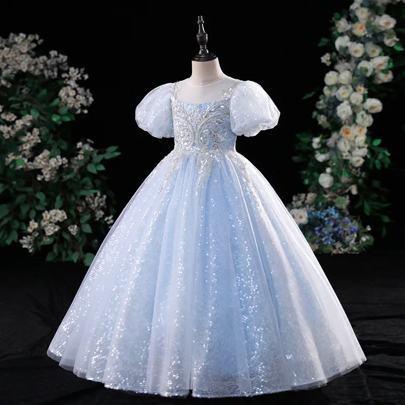 

Детское платье для выступлений на фортепиано с короткими рукавами, модель на день рождения для маленькой девочки, ведущий на подиуме, стиль принцессы