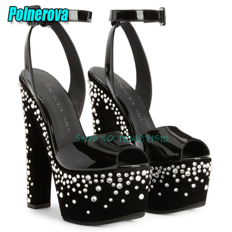 Suede Platform Rhinestone Women Sandals Peep Toe Thick Soled Chunky Heel 17CM High Heels Fashion Ankle Buckle Nightclub Shoes