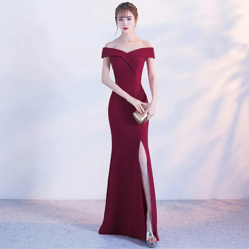 Long Mermaid Evening Dress Elegant 2023 Women Satin Off Shoulder Formal Party Gowns Vestidos Elegantes High Split Sleeveless