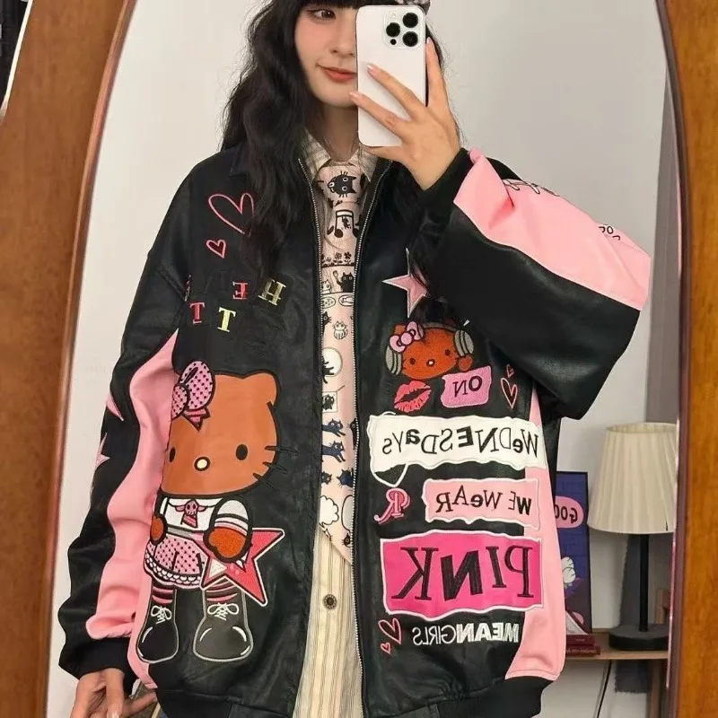 Sanrio Hello Kitty Cartoon Embroidered Jacket Baseball Jacket girl Fall Winter Style Biker Jacket Retro Color Block Casual Wear