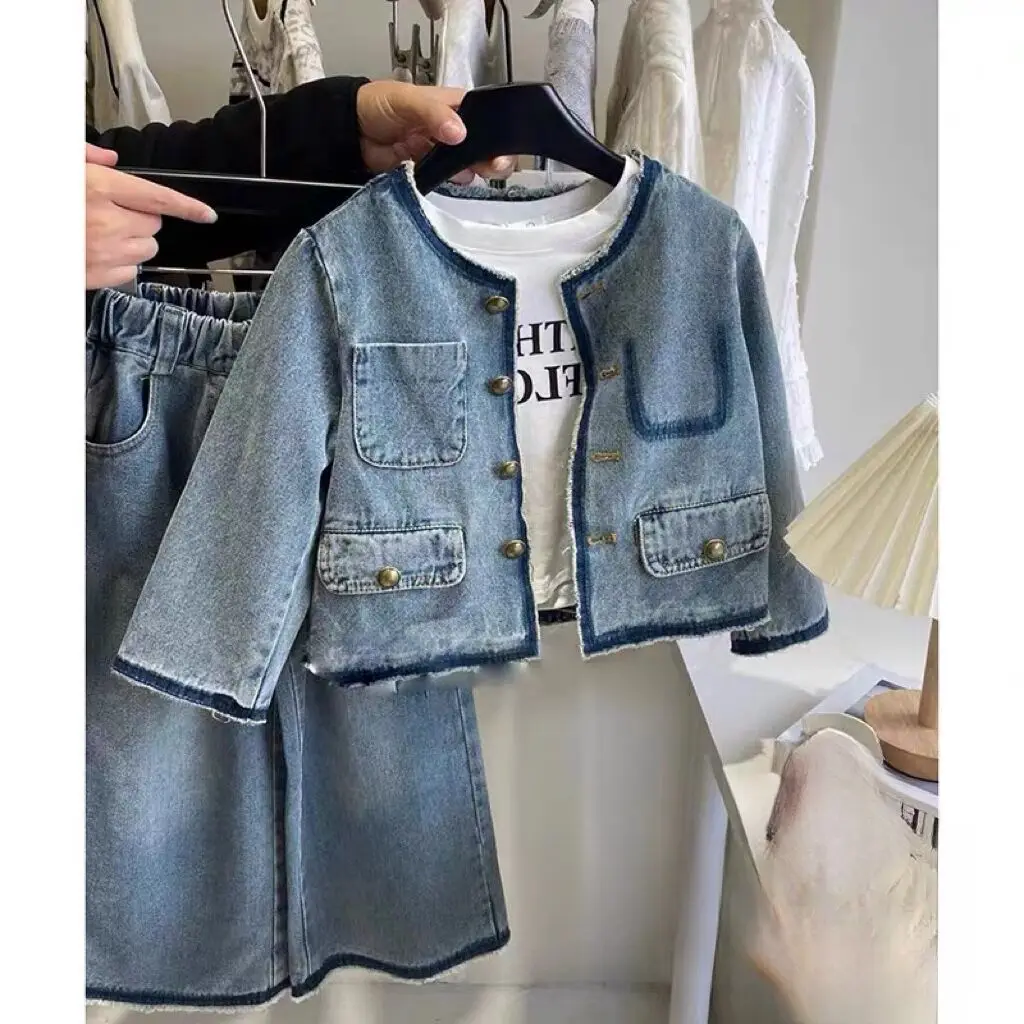 

Girls Blue Suits 2024 New Autumn Round Neck Denim Jacket and Denim Straight Pants Two-piece Set Korean Simple Style Suits