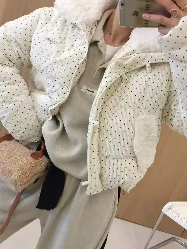 

Winter Aosphere Sweet Polka Dot Soft Stand Collar ort Cotton Jaet Women's Korean Sle Warm Plu Cotton Coat