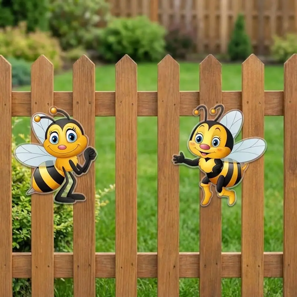 2Pcs 2D Flat Acrylic Cartoon Bee Wall Decor Waterproof Rainproof Garden Bee Hanging Plaque Sun Resistant Bee Themed