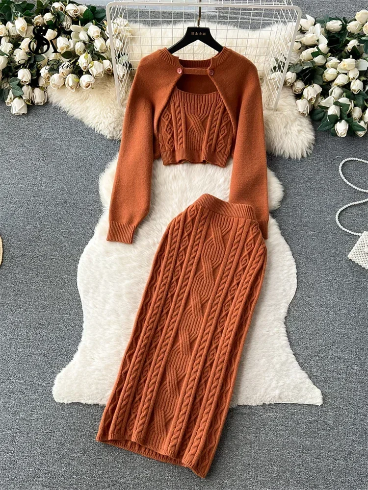 Autumn Skinny Knitted 3 Piece Set Women Cardigan Long Sleeves Smock+Tank Tops+Bodycon Skirt Female Solid Gentle Sweater Suits