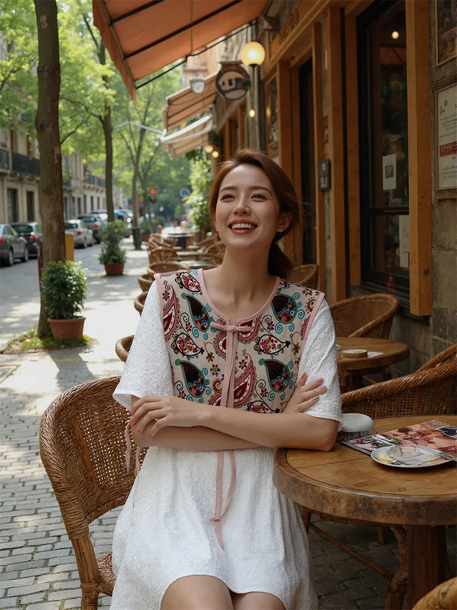 

Embroidery Lace-Up Vests For Girl Waistcoats Clothes Women Fall Fleecing Curved Outdoors City Urban Simple Sleeveless Casual New