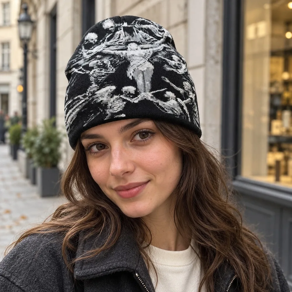 Skeleton Jacquard Knit Beanie for Women Men Gothic Streetwear Hat Autumn Winter Casual Skull Pattern Cap