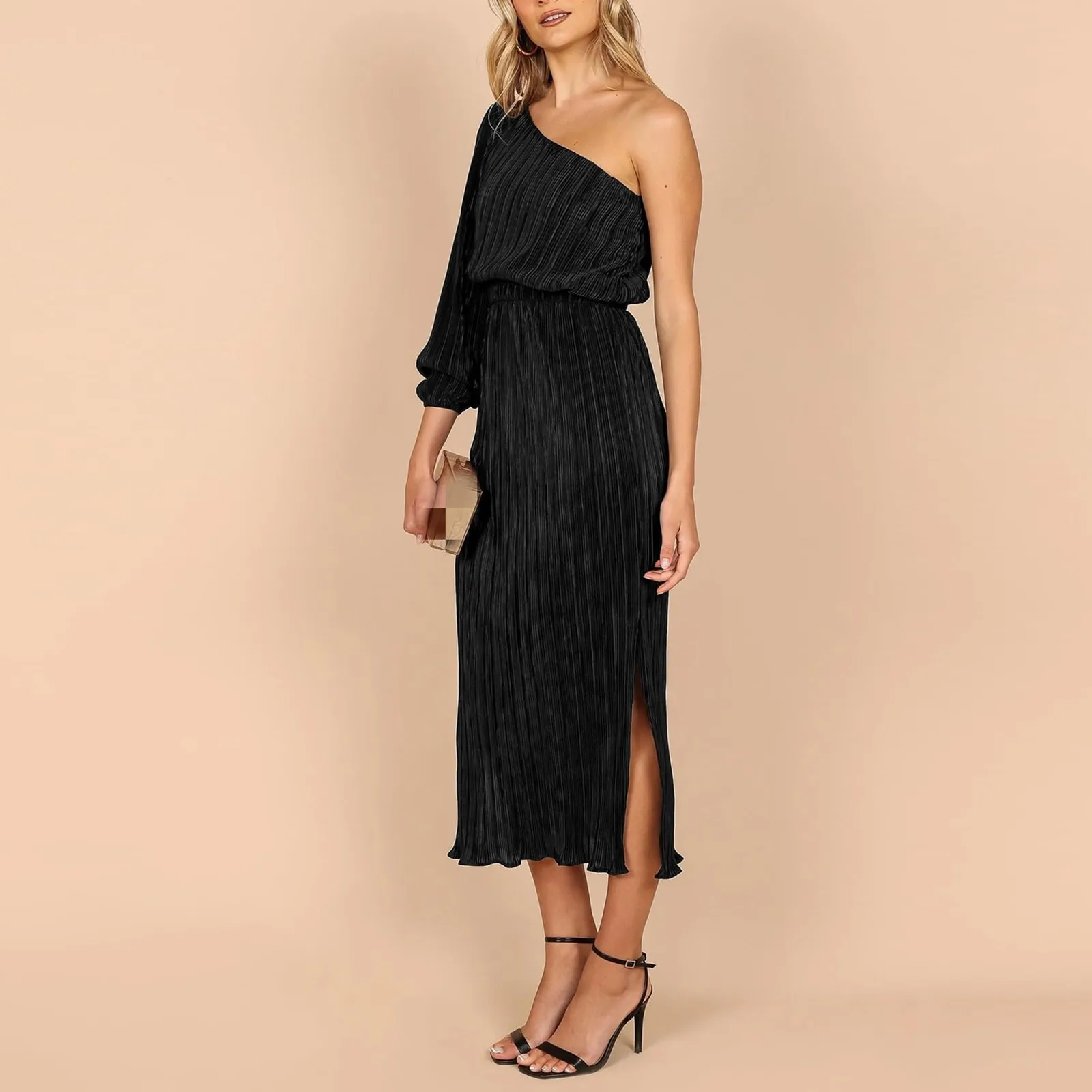 

Dress For Women Sexy Solid Elegant Evening Party Split Dress One Shoulder Off-shoulder Backless Slash Neck Slim Pleated Dress