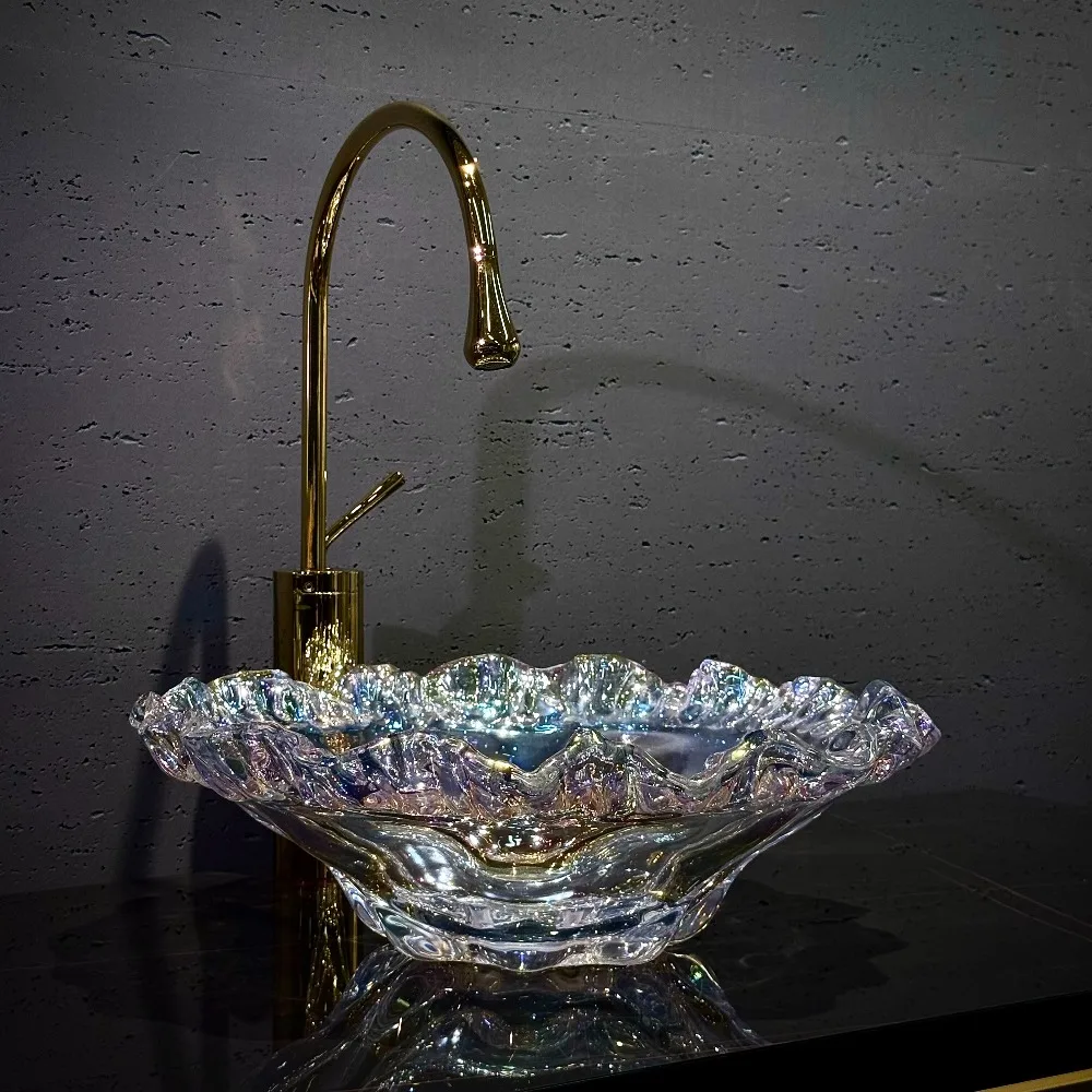 Light Luxury Amber Wavy Edge Glass Countertop Basin Bathroom Art Wash Basin