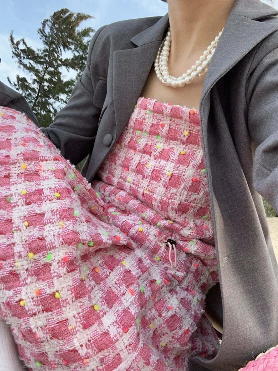 

Bluetique Rainbow Sugar Casual Tweed Vest Dr High Waist Pleated Cotton Polyester Nylon A-Line Skirt Sle Spring Autumn