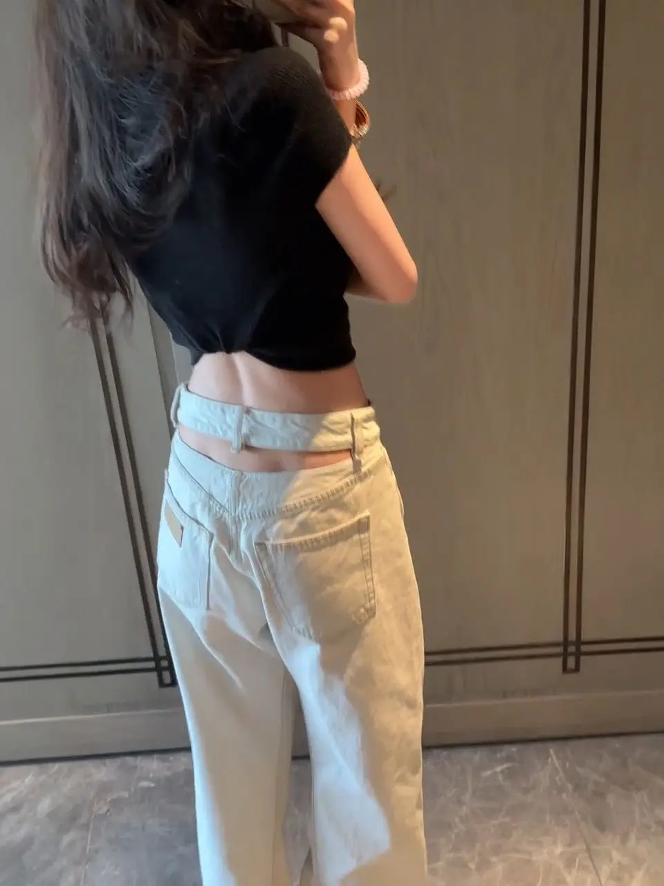 

High Waist Wide Leg Denim Jeans Women's Loose Floor-Length Pants Hollow out Design Spicy Girl American Retro Spring New Style