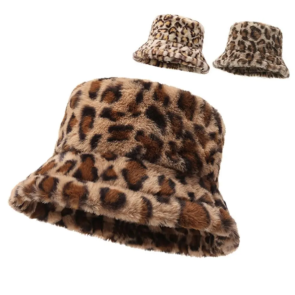 

Show Face Little Leopard Print Winter Bucket Hat Thickened Plush Fisherman Hat Warm Soft Warm Pot Hat Outdoor