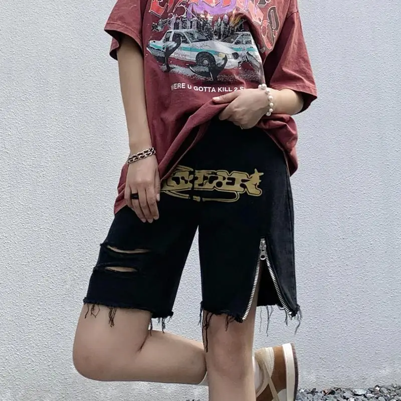 

Denim Shorts Letter Print Ripped Large Size American Ins Street Women'S Summer Quarter Pants Versatile Loose Wide Leg Pants