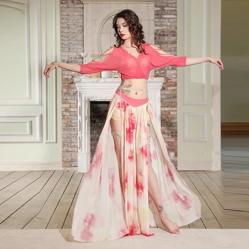 

customized Mesh printed belly dance performance costume water gauze sexy slimming bat sleeve group costume exotic bellydancewear