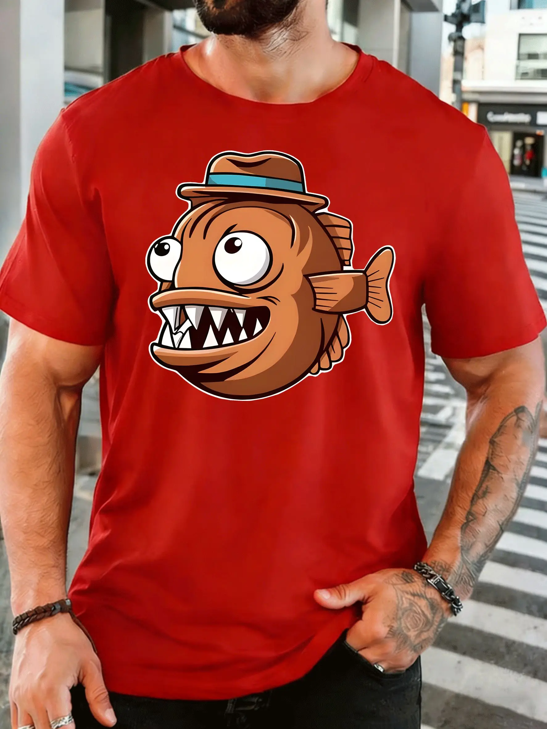 Cartoon Fierce Fish Fedora Hat Mens Front Print T Shirt Funny Sea Creature Graphic Tee Casual Short Sleeve Top Fishing Fan Gift