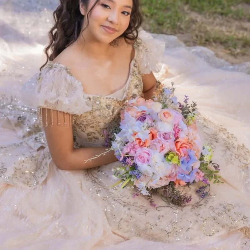 

Light Champagne Quinceanera Dress Glitter Decal Long tail off-shoulder Big Bow Vestidos De 15 Quinceanera ﻿Customize