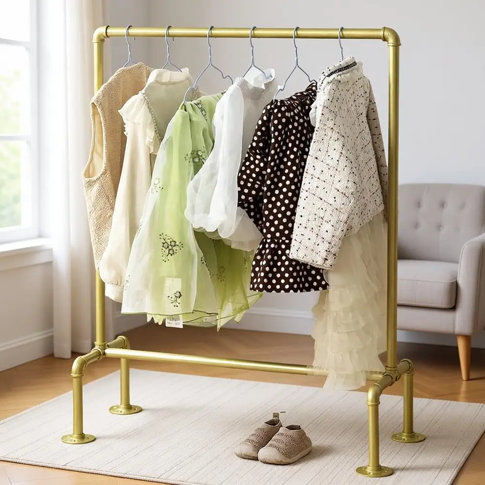 

Стеллажи для демонстрации детской одежды, органайзеры с вешалками, металлические полки для хранения в золотом цвете