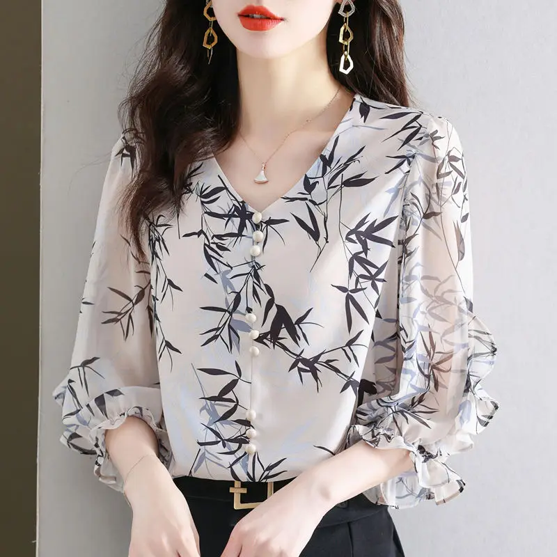 Blusa feminina estampada com decote em V, camisa manga 3/4, roupa feminina, miúdo solto, emendado, trajeto, moda, verão