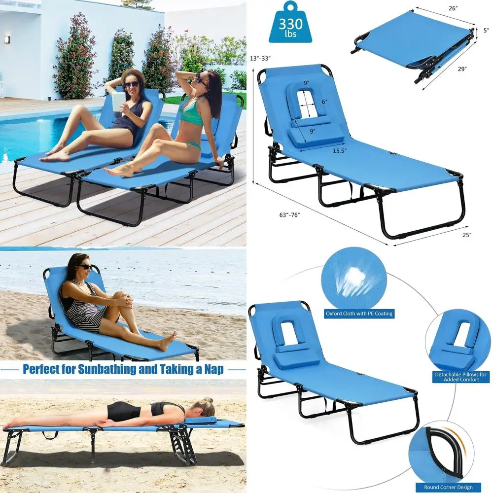 

Adjustable Backrest Beach Lounge Chair with Padded Pillow, Ideal for Sunbathing and Poolside Relaxation, Supports up to 330 LBS,
