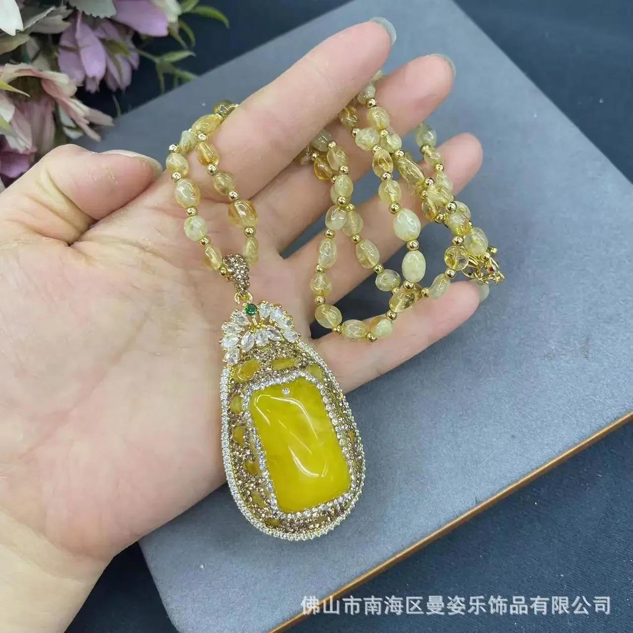 New second-generation beeswax natural citrine four-piece jewelry original design personalized necklace set factory direct sales