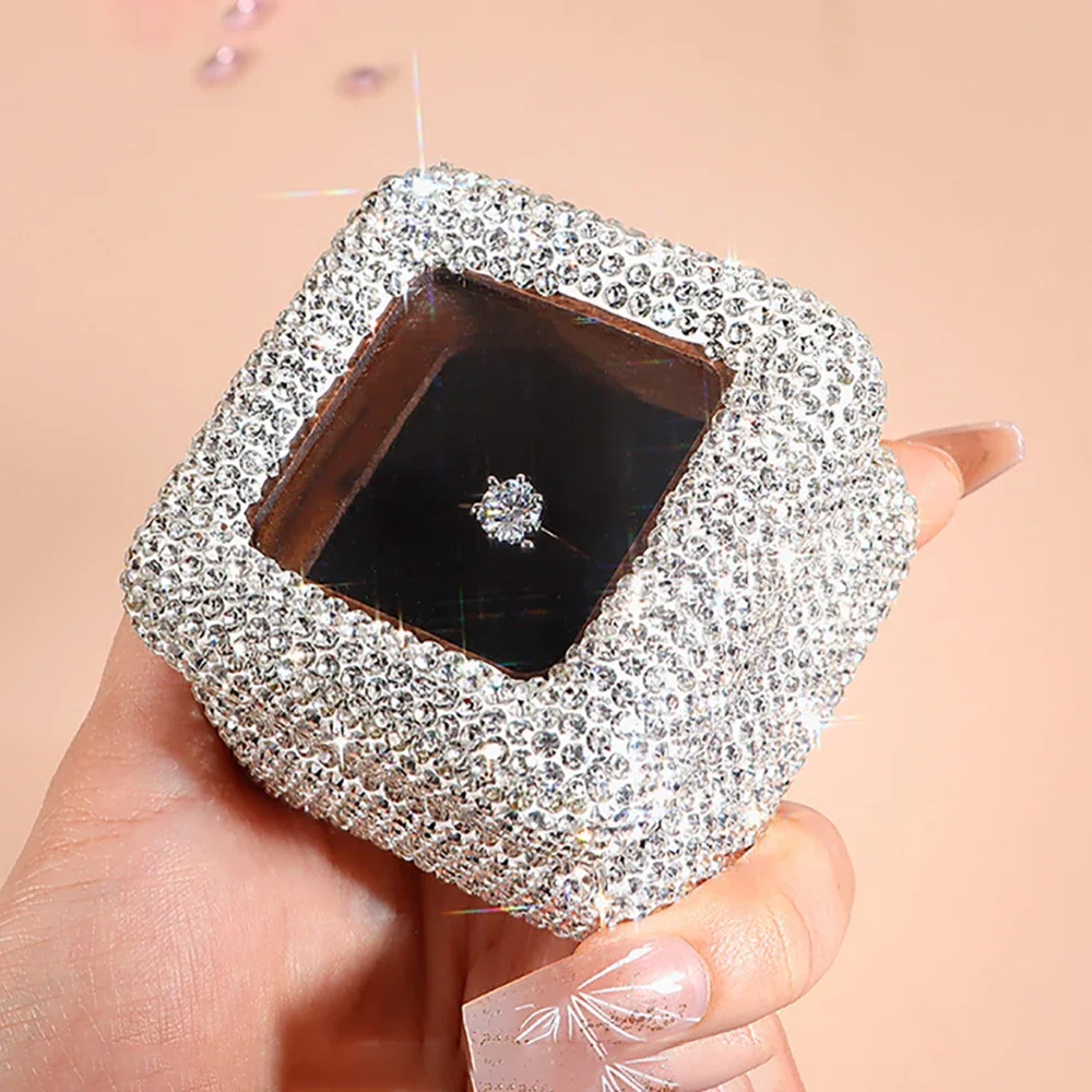 Luxury Rhinestone Square Engagement Ring Box Jewelry Organizer Mini Open Window Ring Case Bling Wedding Proposal Gift StorageBox