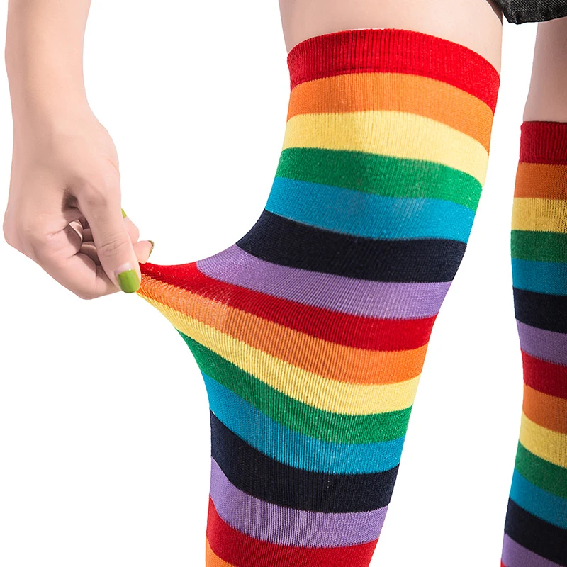 Knee High Rainbow Socks Thigh High Striped Knee Socks Rainbow Striped Socks Stockings for Christmas Cosplay Costume Party