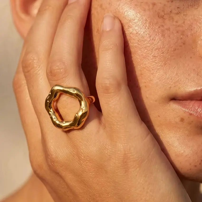 Stainless Steel Gold Color Irregular Circle Hammered Rings for Women Vintage Gold Plated Statement Finger Ring Fashion Jewelry