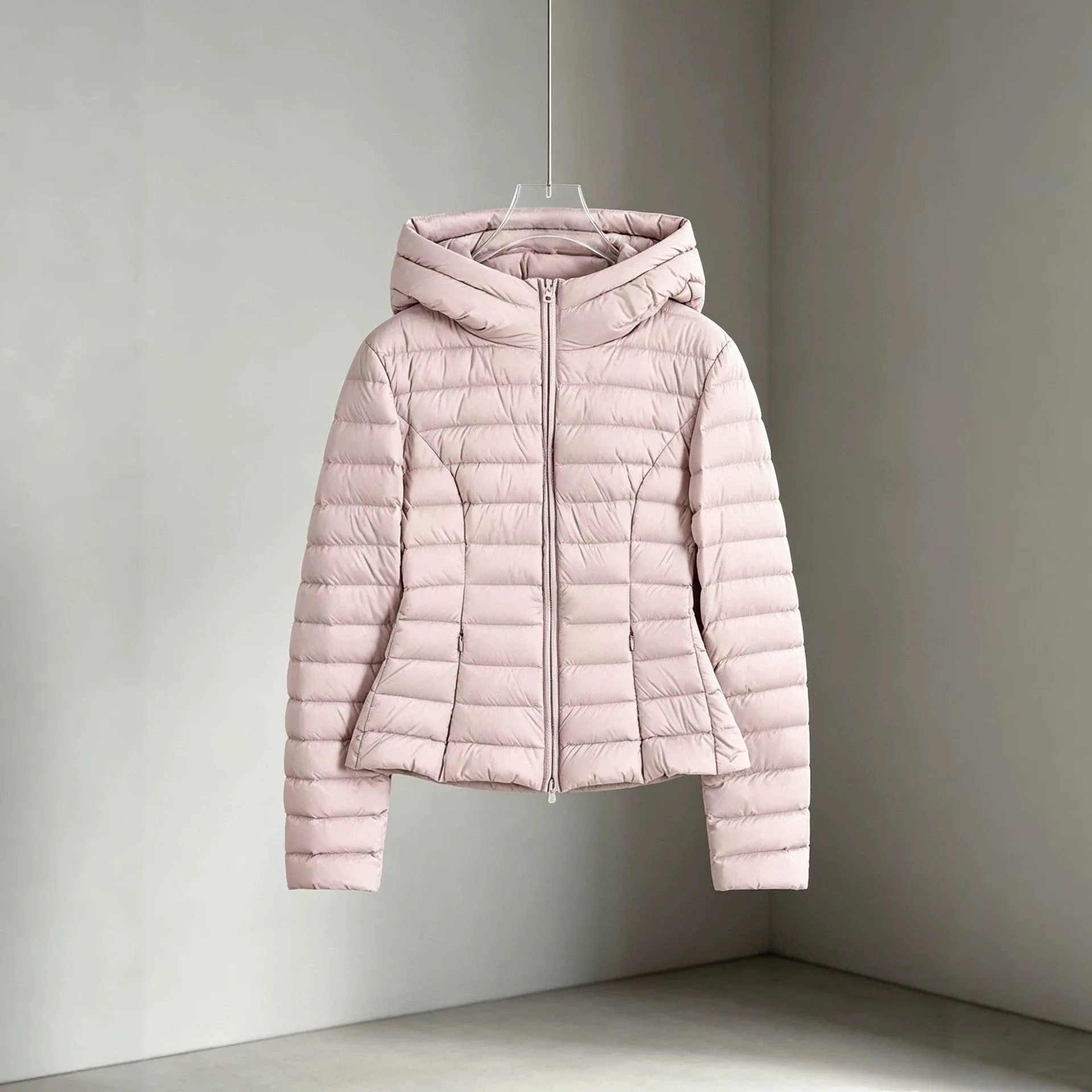 Winter White Duck Down Lightweight Outwears Women Hooded Pork Rib Style Slim Down Jacket Female Double Zipper Warm Parker Jacket