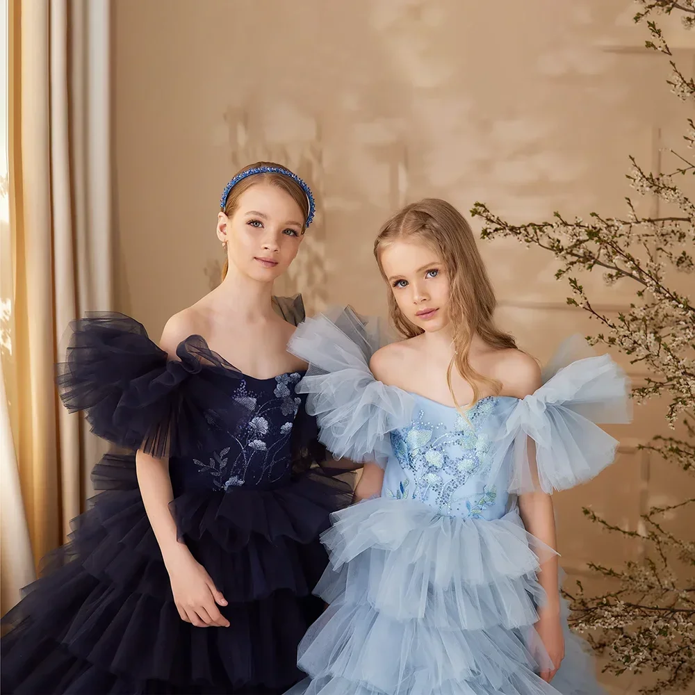 Geschichtetes Blumen mädchen kleid für Hochzeits tüll applikation von der Schulter elegante Prinzessin Kinder geburtstags feier Erstkommunion Ballkleid