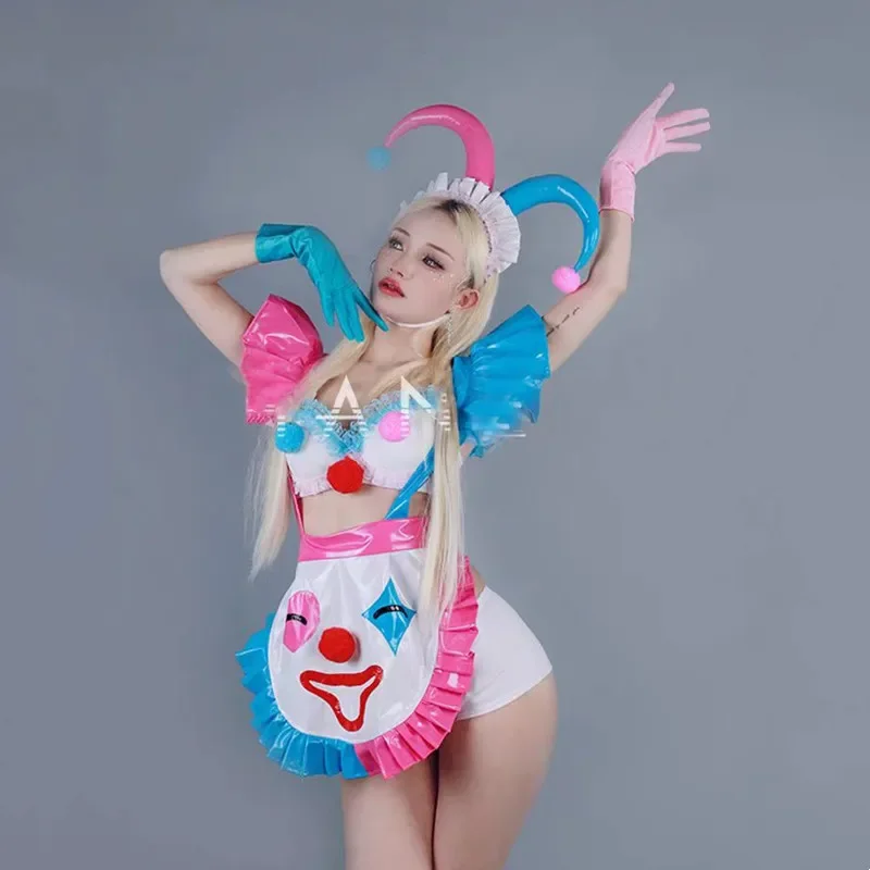 

Maid Uniform Women Clown Cosplay Costume Bar Nightclub Role Playing Stage Performance Clothes Pink Blue Tops Shorts Dance Outfit