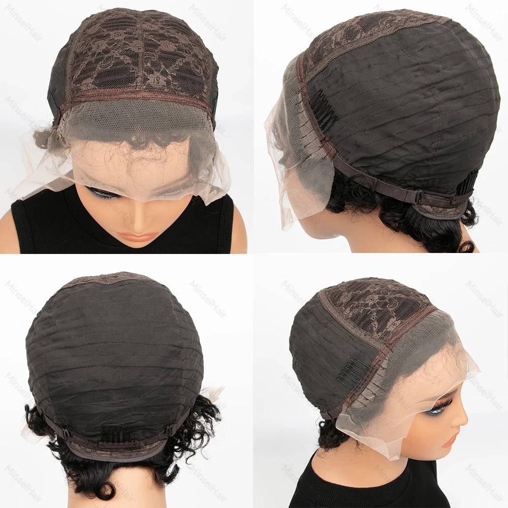 Peluca Frontal de encaje HD 13x1, pelucas rizadas con corte Pixes, cabello humano hinchable, 180% de densidad, 6 pulgadas, pelucas cortas rizadas prearrancadas de moda