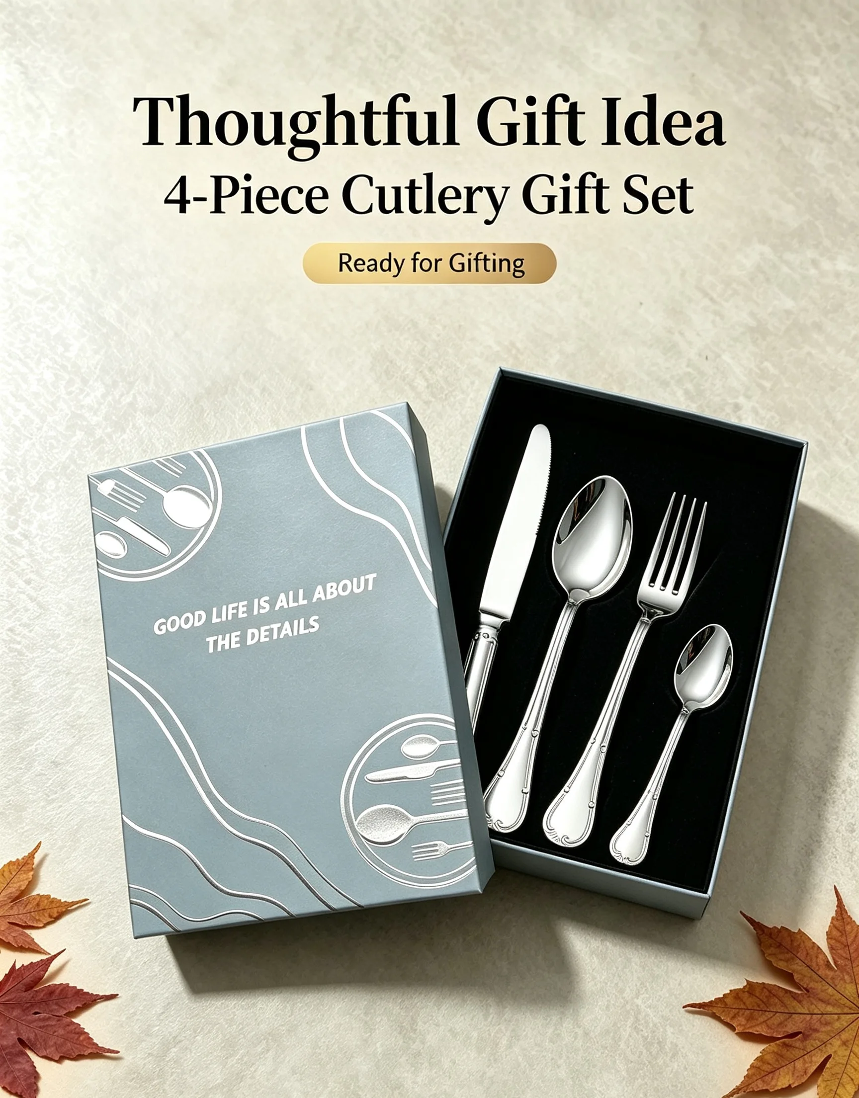 4Pcs Willow Leaf Pattern Cutlery Set 420/304 Stainless Steel Thanksgiving Gift Box Dinnerware