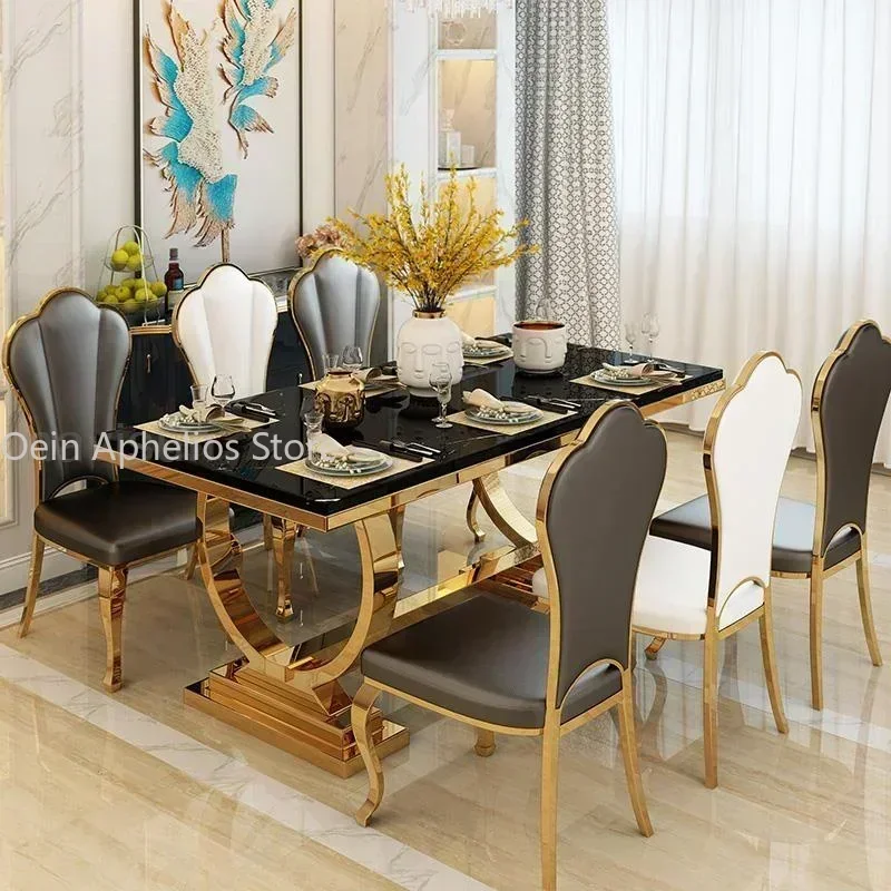 Golden Luxury Kitchen Table Marble Modern Rectangle Stable Design Plated Stainless Steel Frame Dining Table Chairs Furniture