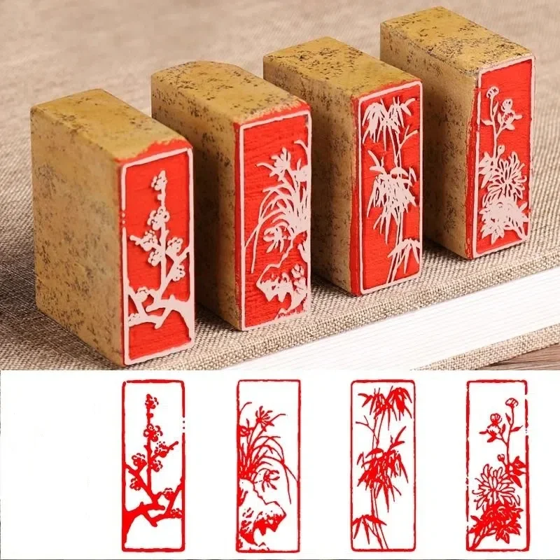 Natural Stone Finished Stamps Seal Flower Plum Blossom Orchid Bamboo Painting Art Finished Seal Custom Personalized Logo Stamp