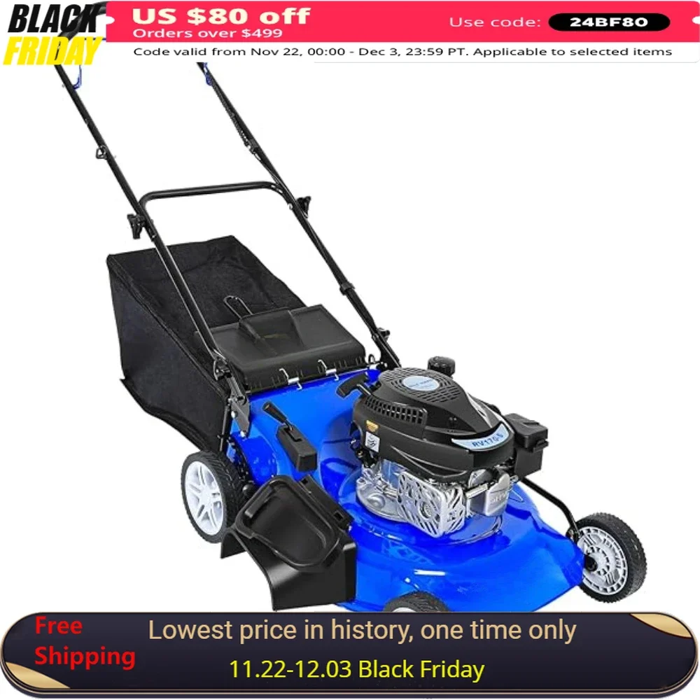 21 Inch Gas Lawn Mower, 170cc 4-Cycle OHV Engine Lawnmower, 10 Adjustable Cutting Heights, W/ Bag, Mulching, Push Lawn Mower