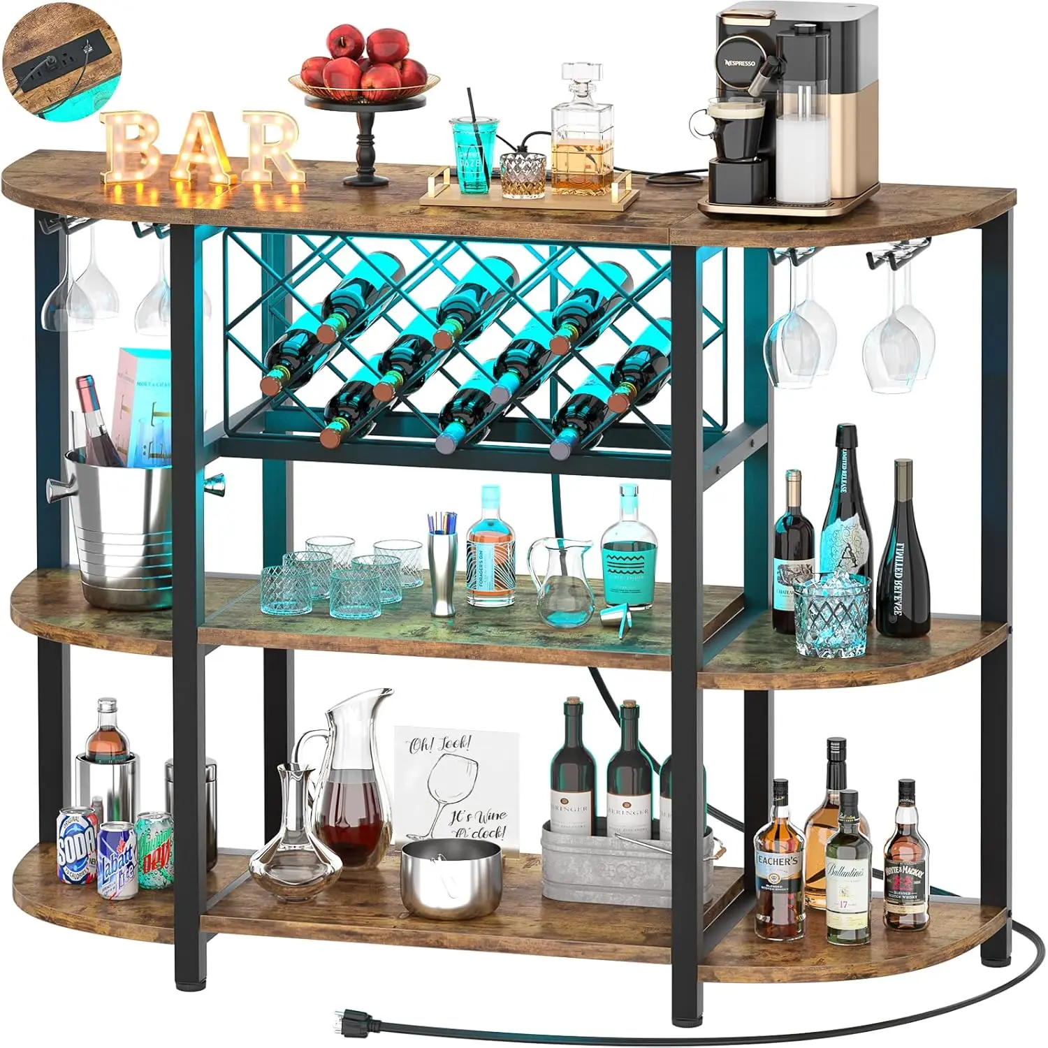 Wine Rack Table with Socket and LED Light, Floor Bar Cabinet for Liquor and Glasses, Wood Coffee Bar Cabinet