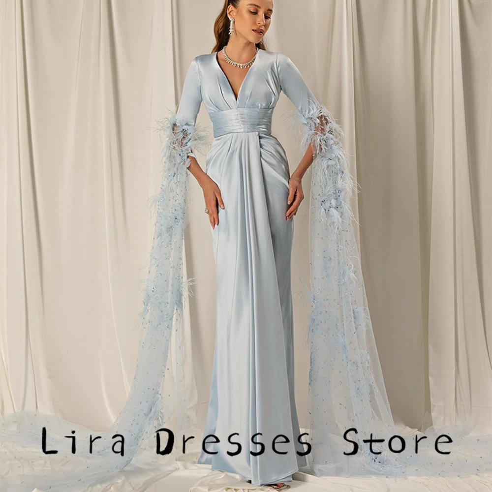 حورية البحر الريش الناعم رداء حفلات الطراز الحديث الخامس الرقبة نصف الأكمام فساتين السهرة مخصصة عالية الجودة فستان حفلة كريستال