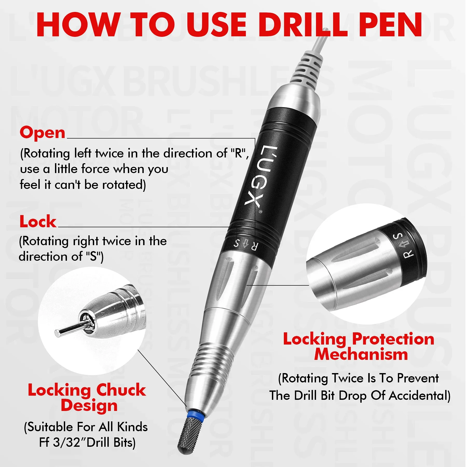 LUGX-Máquina portátil sem fio Gel Nail Drill, recarregável, elétrica, profissional, acrílico, manicure, 35000rpm, 619