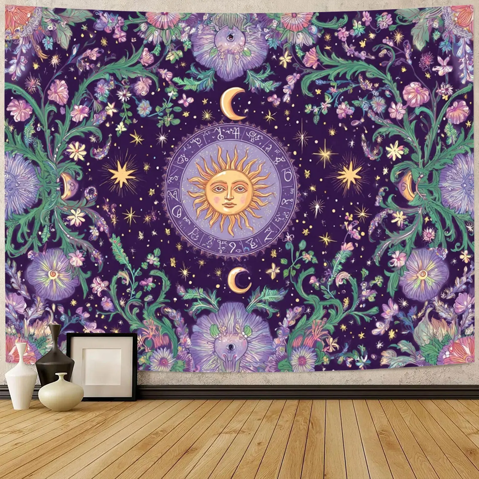 Sun And Moon Tapestry Vintage Bohemian Wall Hanging With Starry Floral Design Surrounding The Mystery Of The Sun And Moon Tapest