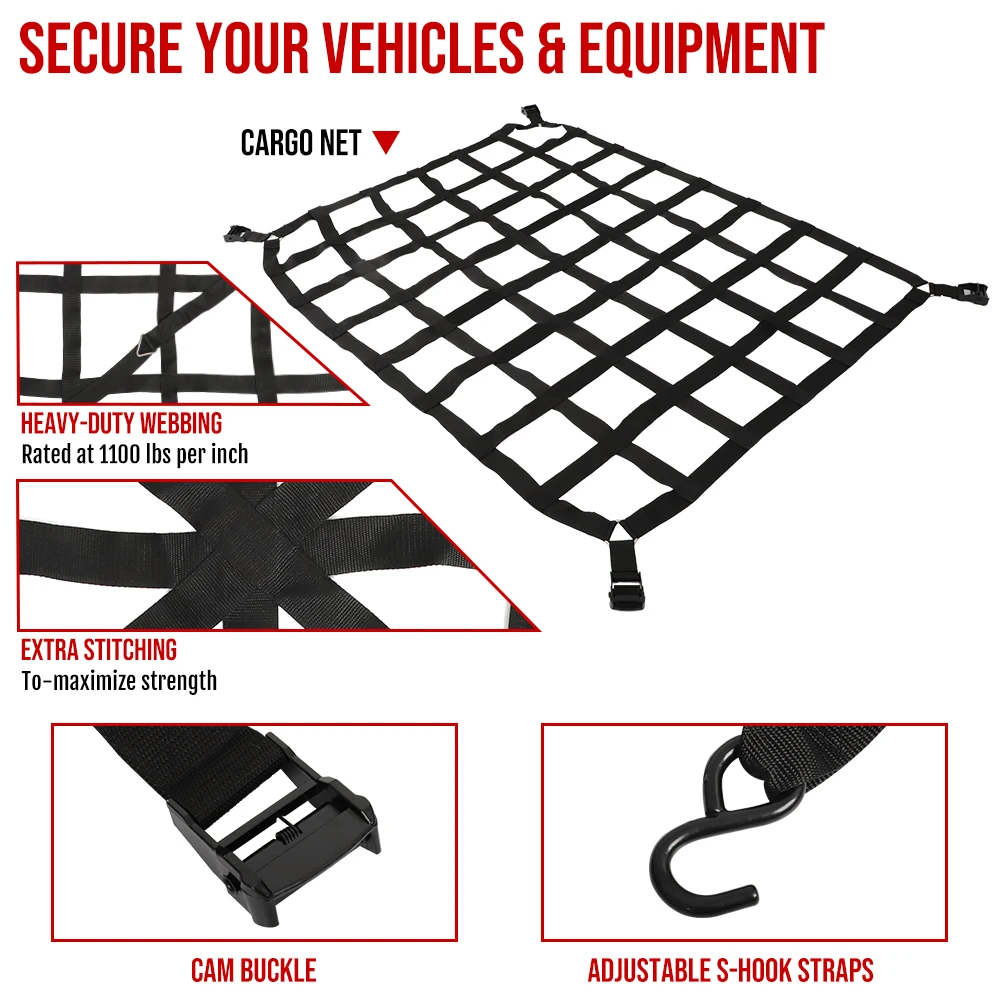 Car Trunk Rooftop Net Mesh Heavy Cargo Net Truck Trailer Dumpster Extend Mesh Covers Luggage Stowing Tidying With 4 Fixed Belt