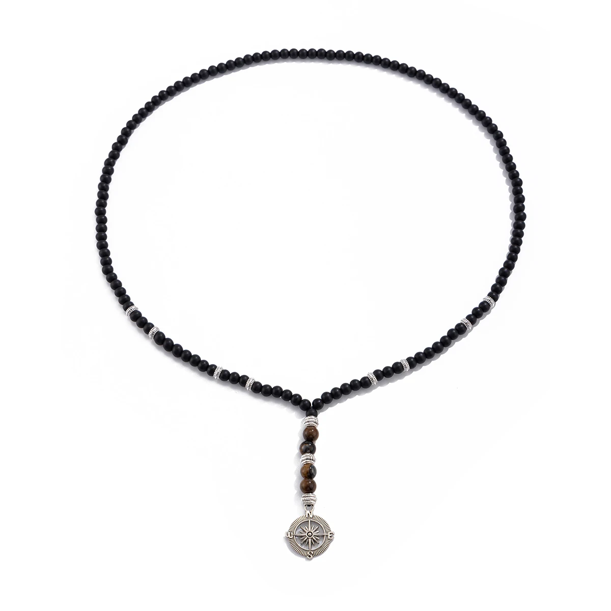 Vintage Black Beaded Chain Compass Long Pendant Necklace for Men Tiger Stone Beads Tassels Collar on the Neck Male Jewelry Gifts
