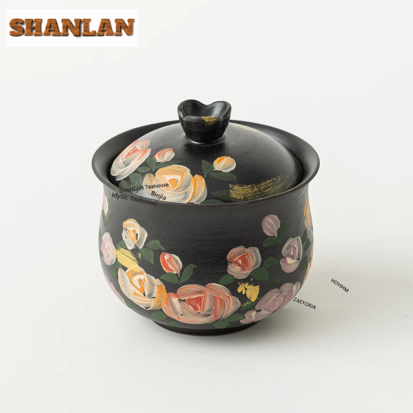 

180ml Black Pottery Rose Gold Drawing Gaiwan Handmade Tea Tureen Tea Bowl With Lid Kit Tea Making Cover Bowl Cha Ornaments Gifts